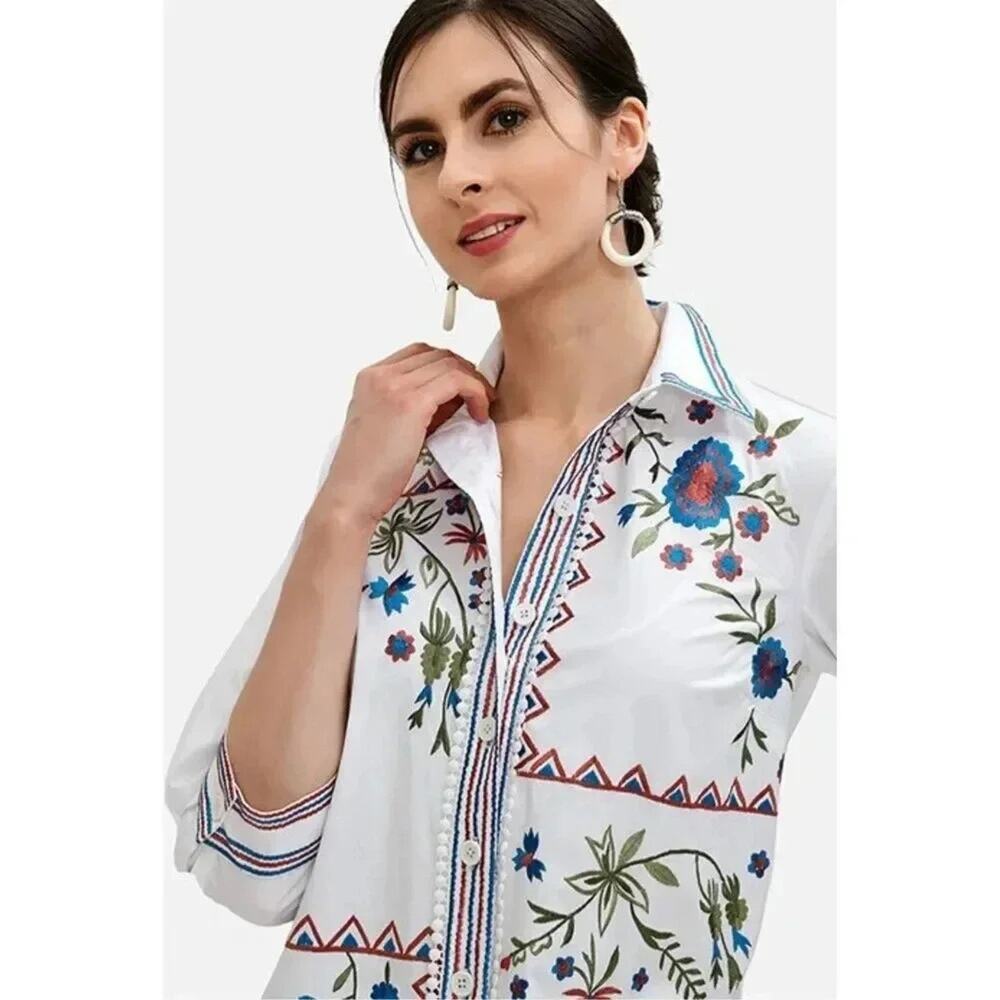 Wayward Fancies eShakti floral Embroidered poplin button front shirt Size XL